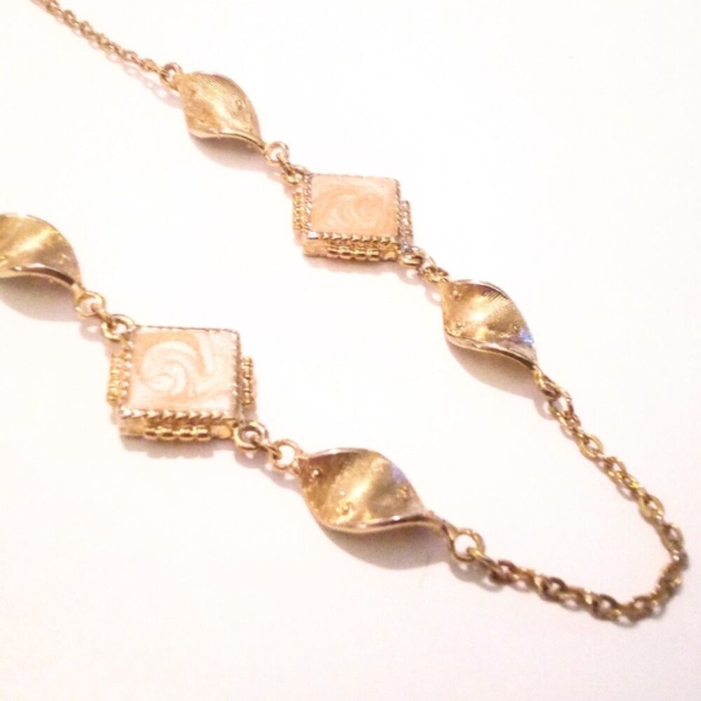 Gold Tone Beige Enamel Station Long Chain Necklace